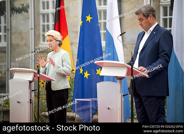25 July 2023, Bavaria, Bayreuth: Ursula von der Leyen (l, CDU), President of the European Commission, and Markus Söder (r, CSU), Bavarian Minister President