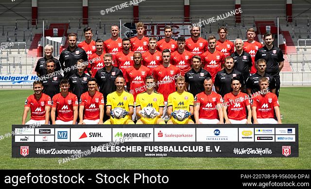 08 July 2022, Saxony-Anhalt, Halle (Saale): Soccer: 3rd league, team photo session Hallescher FC for the 2022/23 season at Leuna-Chemie-Stadion in Halle/Saale