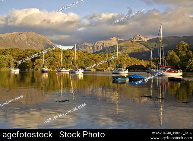 Boats tied up on Loch Leven at North Ballachuish, West Highlands, Scotland