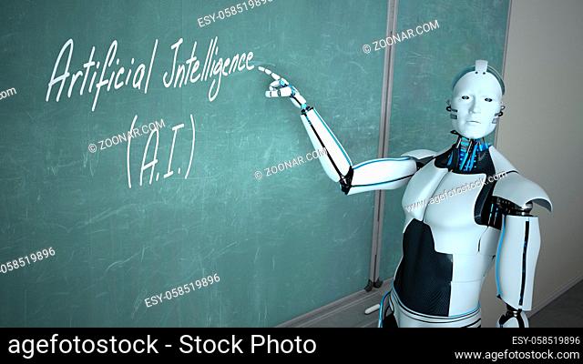 Humanoid robot points to the chalkboard on the text Artificial Intelligence. 3d illustration