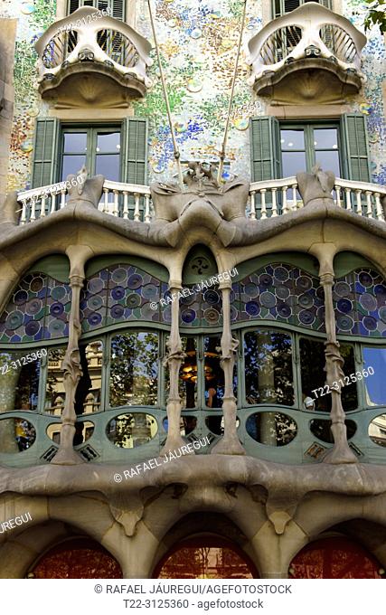 Barcelona, Spain). Architectural detail on the facade of the Batllón House in Barcelona