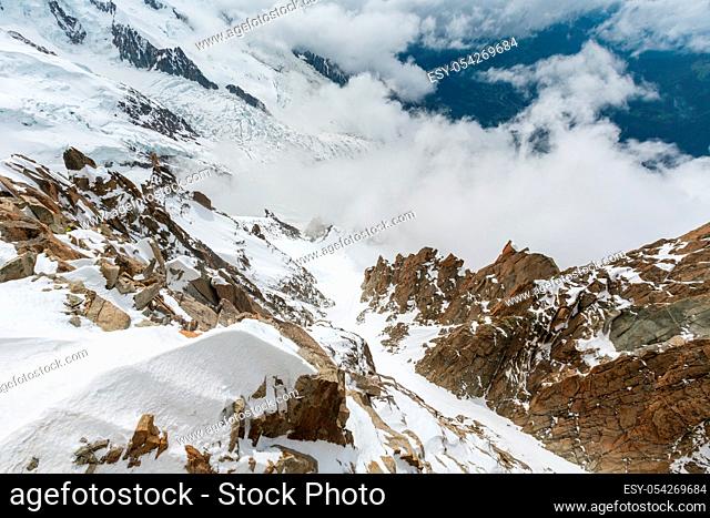 Mont Blanc rocky mountain massif summer view from Aiguille du Midi Mount, Chamonix, French Alps