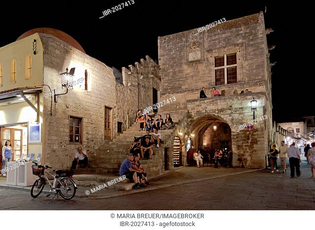 Kastellania building on Platia Ippokratou at night, historic district of Rhodes, Rhodes, Greece, Europe, PublicGround
