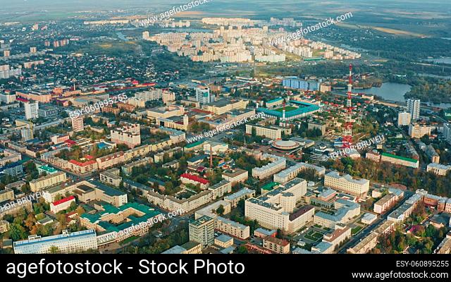 Gomel, . Aerial View Of Bird's-eye View, Flight Above Homiel. Circus, Sovetskaya Street, Residential Districts, Downtowns. Traffic On Streets. Gomel