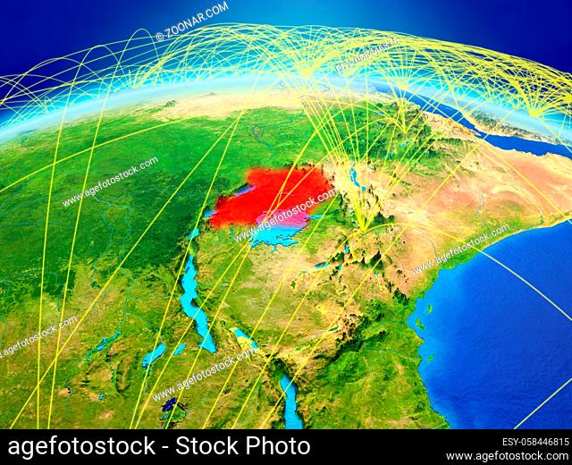 Uganda on planet Earth with international network representing communication, travel and connections. 3D illustration. Elements of this image furnished by NASA