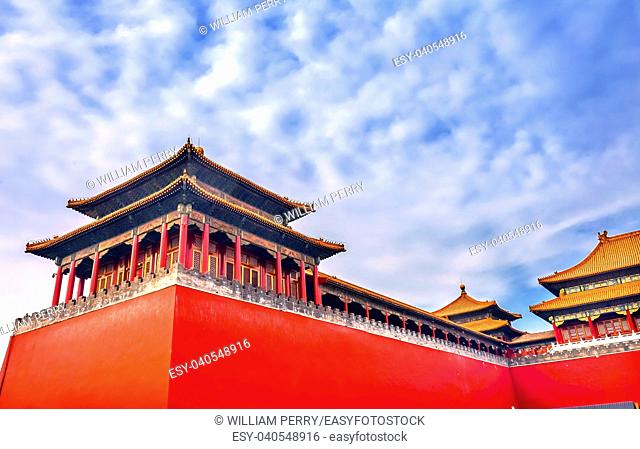 Meridian Side Gate Gugong Forbidden City Palace Wall Beijing China. Emperor's Palace Built in the 1600s in the Ming Dynasty