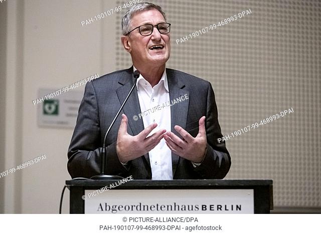 07 January 2019, Berlin: Bernd Riexinger, Party Chairman Die Linke, speaks at the event ""100 Years KPD - A Review of the Contradictory and Eventful History of...