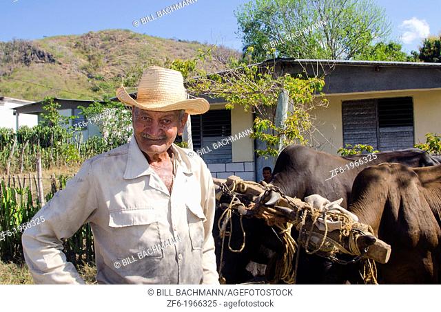 Cienfuegos Cuba old cowboy with oxen portrait with hat on ranch