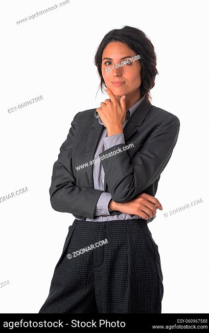 Portrait of young business woman thinking holding chin studio isolated on white background