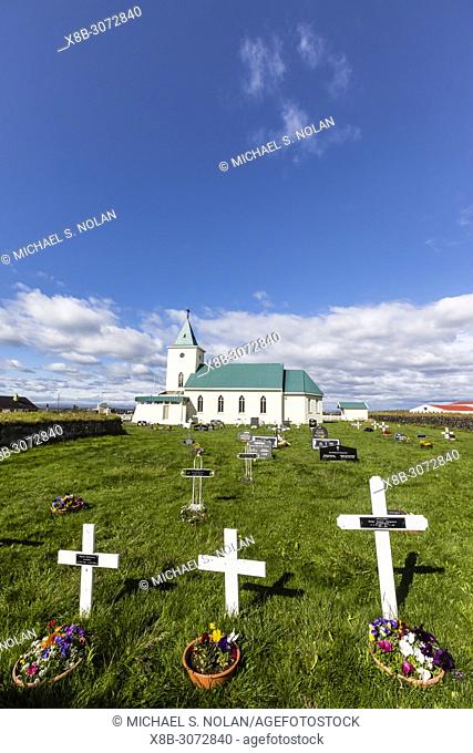 Exterior view of the cemetery at Reynihlíð Church just outside of Akureyri, Iceland