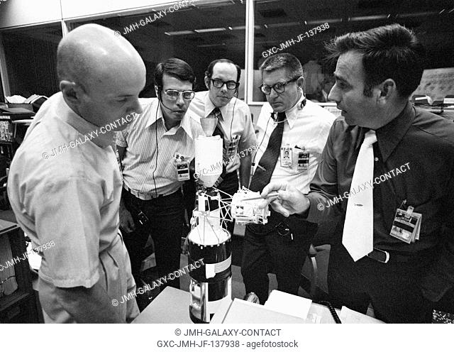 This group of flight controllers discuss today's approaching extravehicular activity (EVA) to be performed by the Skylab 3 crewmen