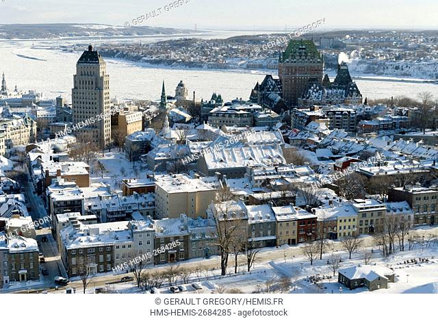 Canada, Quebec, Quebec City, Upper Town in Old Quebec listed as World Heritage by UNESCO, on left Price building, on right Château Frontenac