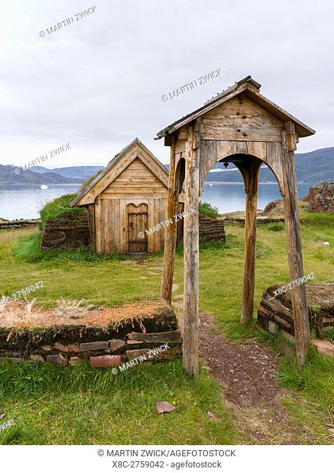 Replica of the church of Tjodhilde. The settlement Qassiarsuk, probably the old Brattahlid, the home of Erik the Red. America, North America, Greenland, Denmark