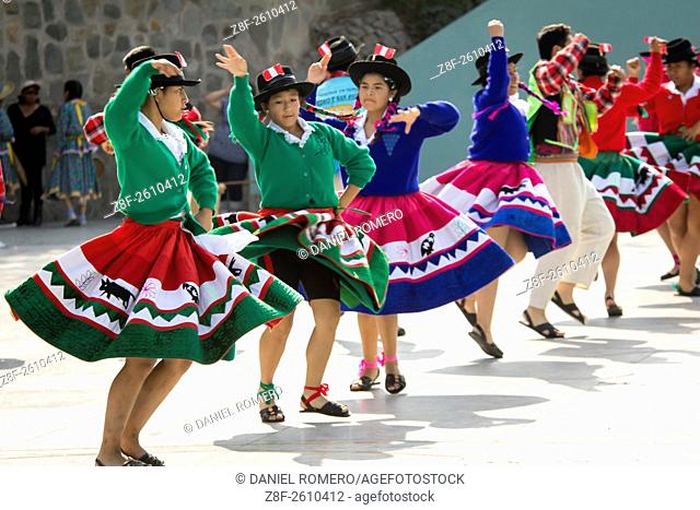 Peruvian Folkloric dance. . International festival of folk dances El Buen Pastor School, municipality of Los Olivos, Lima, Peru