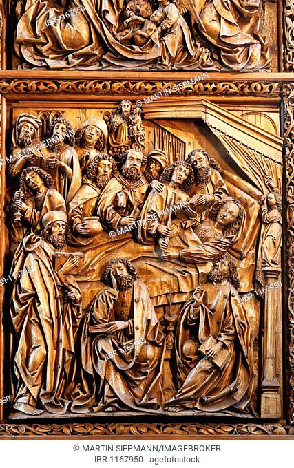 Gothic altar cut from linden wood, parish church of St. Wolfgang, Kefermarkt, Muehlviertel, Upper Austria, Austria, Europe