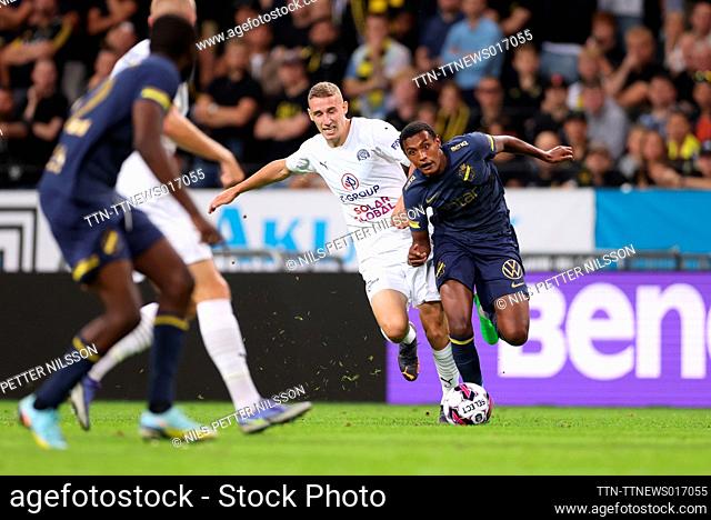 AIK's Amar Abdirahman Ahmed (R) is chased by Slovacko's Michal Kohut during the playoff Europa Conference League soccer match between AIK (SWE) and Slovácko...