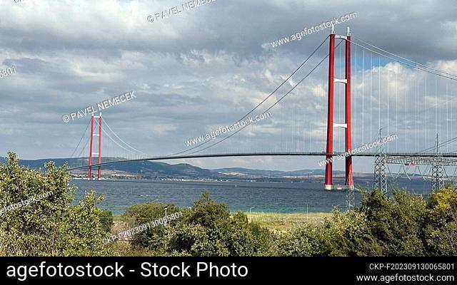 The 1915 Canakkale Bridge, the longest suspension bridge in the world, sixth link between Asia and Europe. The total length of the bridge is 3
