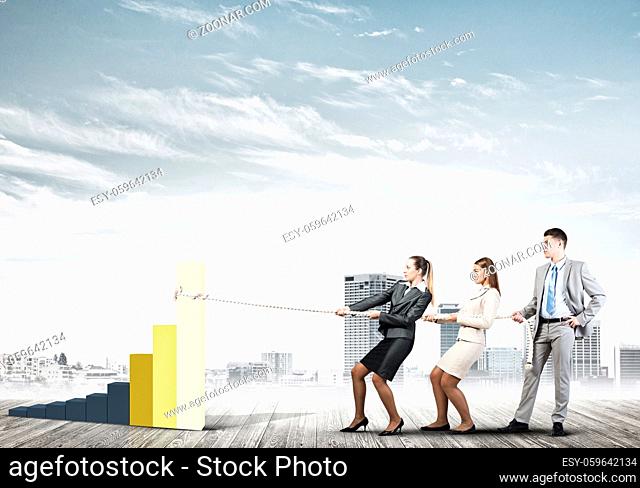 Young business people pulling up graph bar using rope