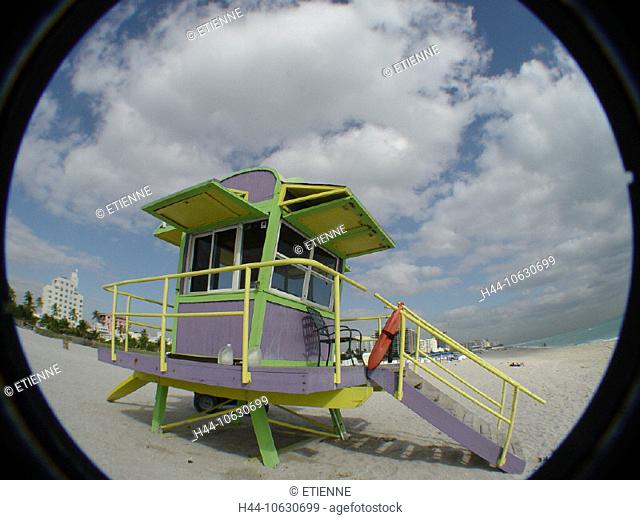 10630699, beach, effect, fish - eye, Fisheye, Florida, Guard, small house, Life, Lifeguard, Miami Beach, lifeguard, rescue, be