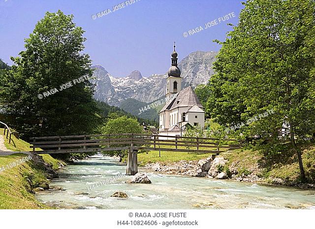 Germany, Europe, Bavaria, Upper Bavaria, Ramsau, near Berchtesgaden, parish church Saint Sebastian, river, bridge, mou