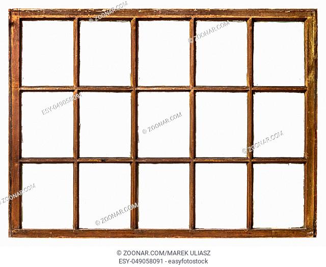panel of vintage, grunge, sash window with dirty glass (15 panes), isolated on white
