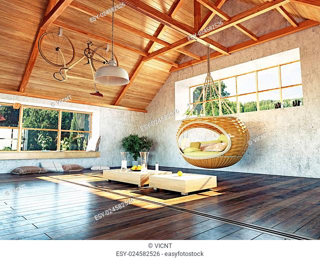 beautiful modern attic interior with hanging sofa. 3d design concept