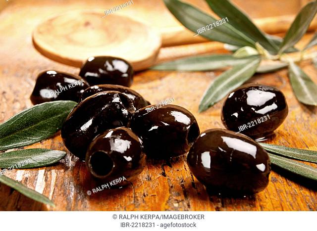Black olives, a wooden spoon and an olive branch at the back