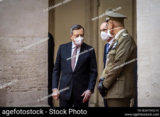 Italy's Prime Minister, Mario Draghi greets Netherlands Prime Minister Mark Rutte, Rome, Italy 07 Apr 2022