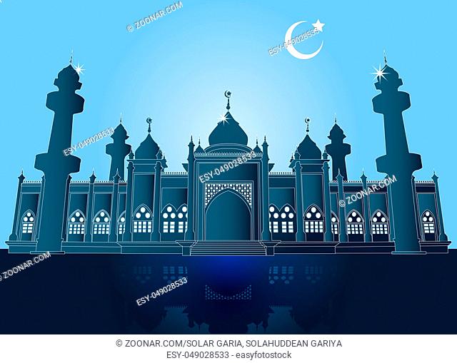 Silhouette Mosque, Domes and Minarets in Bright night Background with Crescent Moon, Vector Illustration