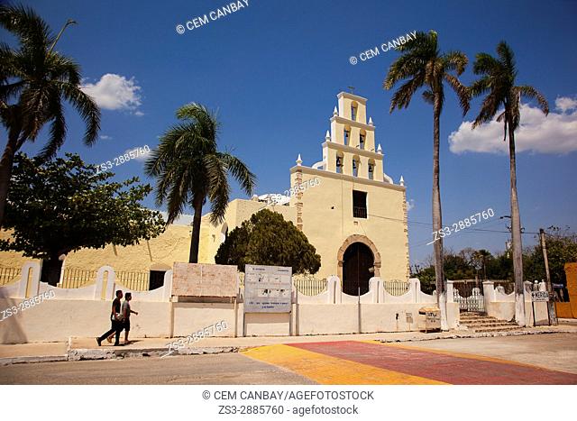 Young men in front of the church at the town center, Chumayel, Convent Route, Yucatan Province, Mexico, Central America
