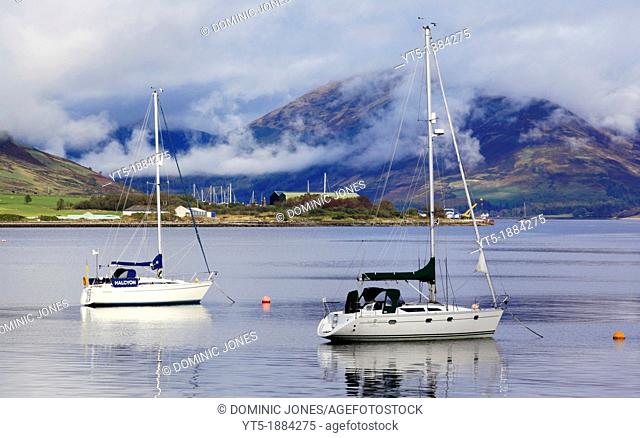 Moored sail boats at Port Bannatyne, Isle Of Bute, Bute and Argyll, Scotland, Europe