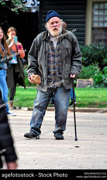 Nick Nolte filming 'Rittenhouse' in Philadelphia, Pennsylvania. Nolte plays a homeless man that befriends a young man who visits him in the park each day over...