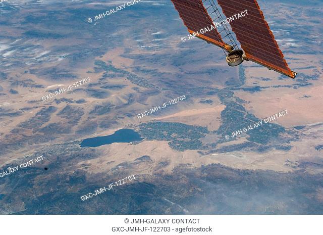 The Salton Sea and Imperial Valley are in the center of this scene photographed from the International Space Station (note solar panels, upper right)