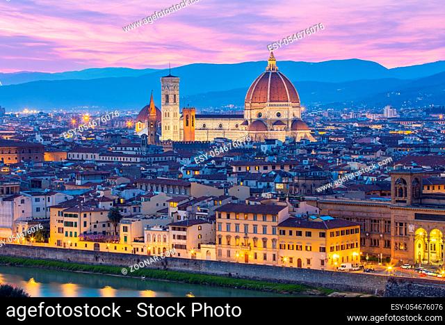 Florence Cathedral at night in Florence, Italy