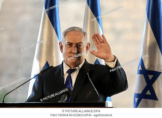 04 September 2019, Palestinian Territories, Hebron: Israeli Prime Minister Benjamin Netanyahu delivers a speech during a