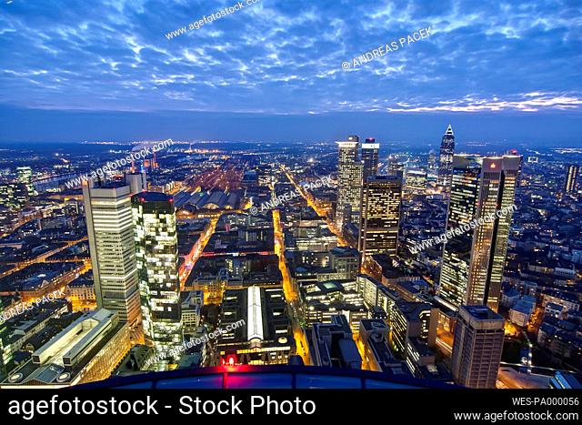 Germany, Hesse, Frankfurt, city view with financal district in the evening