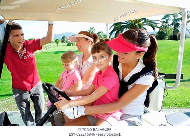 golf course mothers and daughters in buggy