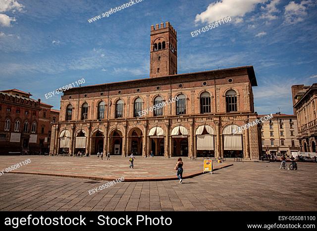 BOLOGNA, ITALY 17 JUNE 2020: Palazzo del Podesta in Bologna, Italy a famous building in Piazza Maggiore the most important square in the city under a blue sky