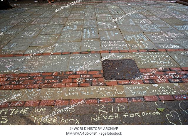 Tributes written on the ground, during the days following the 22 May 2017, suicide bombing, carried out at Manchester Arena in Manchester, England
