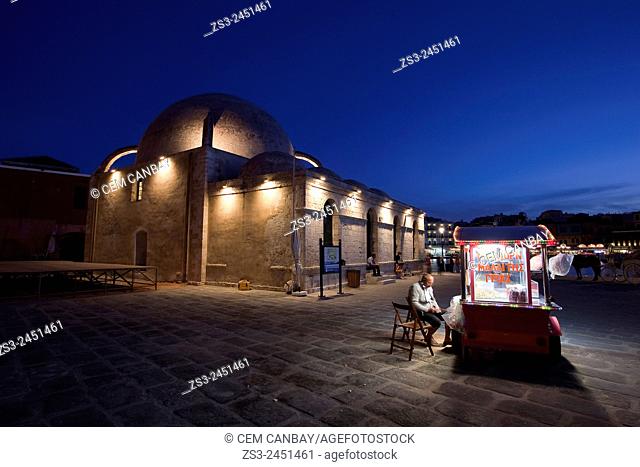 Hassan Pasha Mosque at the Venetian harbor near the sea by night, Chania, Crete, Greek Islands; Greece, Europe
