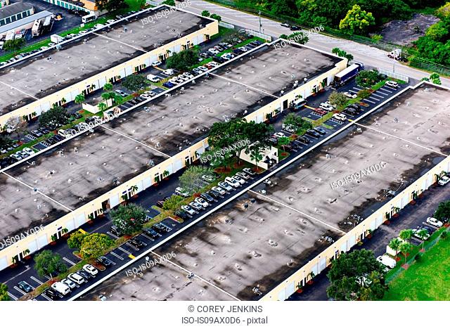 Aerial view of business structures and parking lot, Miami, Florida, USA