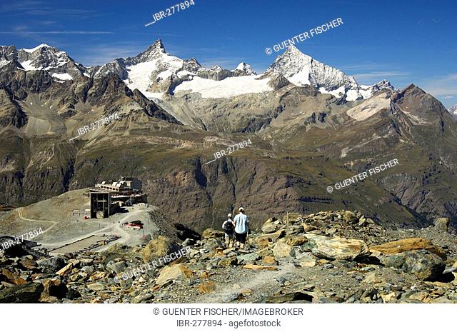Mountain panorama on the descent to the cable car station Trockener Steg, peaks Zinalrothon, Weisshorn, Zermatt Valais Switzerland