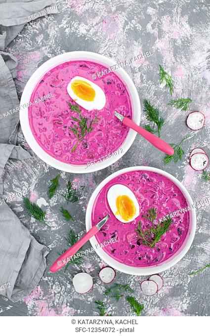 Cold soup made with kefir, yoghurt, sour cream and beet root, served with boiled egg
