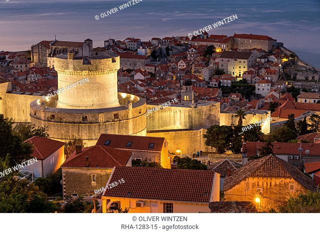 View from a lookout over Minceta Tower and the old town of Dubrovnik at dawn, UNESCO World Heritage Site, Croatia, Europe
