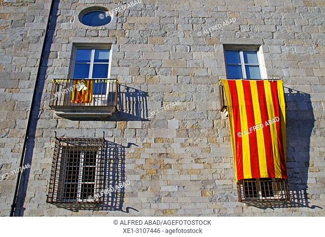 balcony with Catalan flag, old hospital of Santa Caterina, Girona, Catalonia, Spain
