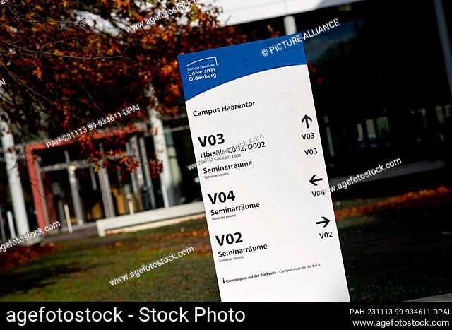 07 November 2023, Lower Saxony, Oldenburg: A sign with the logo of the Carl von Ossietzky University of Oldenburg stands on the Haarentor campus