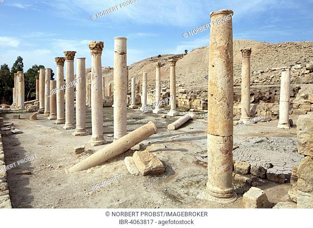 Byzantine Basilica, ancient ruins of Pella, also Tabaqat Fahl, Wadi Jirm el Moz, Jordan Valley, near Irbid, Jordan