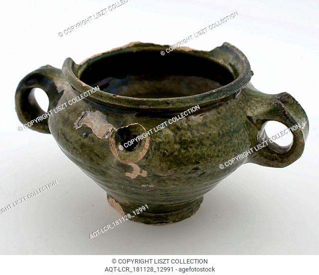 Pottery room pot, white shard, green glazed, two bandors, spout, on stand, spout pottery pot pottery holder earthenware foundry earthenware glaze lead glaze