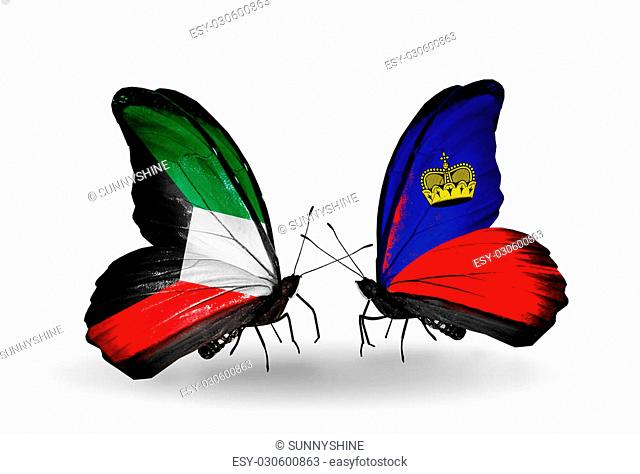 Two butterflies with flags on wings as symbol of relations Kuwait and Liechtenstein