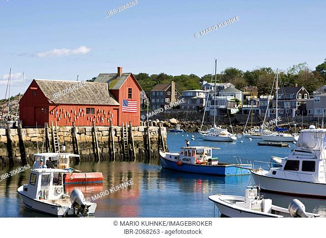 View of the famous red shed in Rockport, a small fishing village in Massachusetts, New England, USA